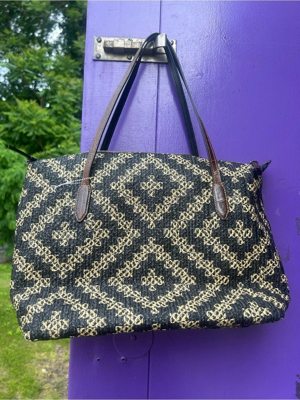 ERIC JAVITS Woven Black Tan Geometric Tote Bag NWT